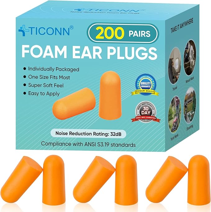 TICONN 200 Pairs Foam Ear Plugs, Individually Wrapped 32dB NRR Noise Reduction Earplugs for Sleeping Hearing Protection Travel Study Concentration Construction Site (200 Pairs)