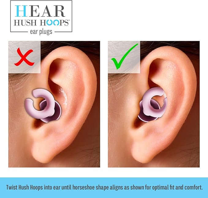 Hush Hoops Ear Plugs, Ultra-Soft Reusable Noise Reducing Earplugs with Horseshoe Shape for Comfort, 4 Tip Sizes for Customizable Fit, 17dB (NRR) Noise Reduction Rating, Pink, 1 Pair with Travel Case