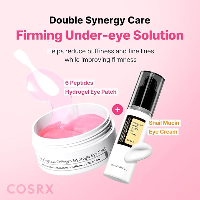 COSRX Pink Peptides Collagen Hydrogel Eye Patch for Puffy Eyes and Dark Circles, Under Eye Mask, 60 Under Eye Patches, Korean Skin Care