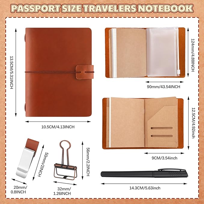Thenshop Travelers Refillable Leather Journal Notebook Travel Diary Handmade Passport Travelers Journal for Men and Women with 3 Notebook Inserts, Pen Holder, Binder Clip(Brown,Passport Size)