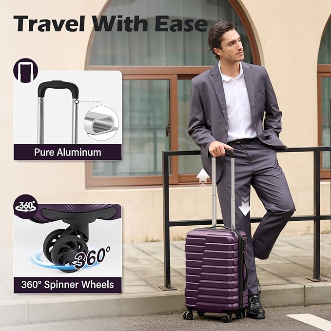 Coolife 20-Inch Small Carry on Hardside PC+ABS Spinner TSA Lock Telescopic Luggage Handle（20in-purple）
