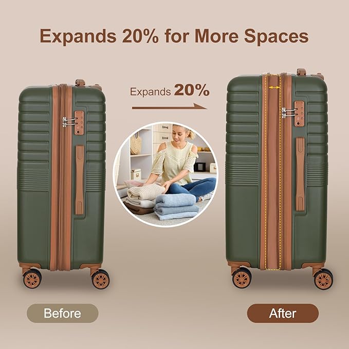 Romswi 22x14x9 Airline Approved 21in Carry On Luggage,Expandable Carry On Hardshell Suitcase for 20% More Space, Lightweight Hardside CarryOn withYKK Zipper,Scratch-Resistant Olive Green