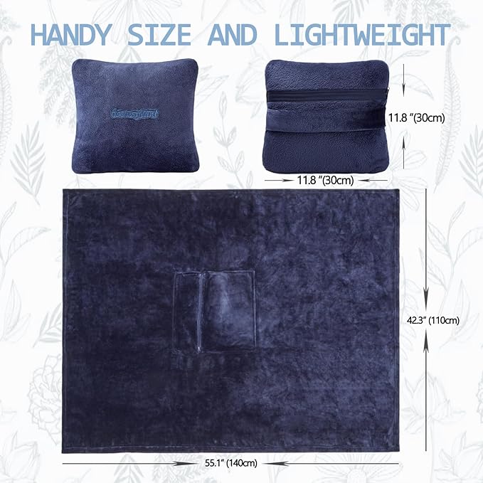 Travel Blanket Pillow, Premium 2 in 1 Flannel Airplane Blanket Compact for Travel,Office, Home,Travel Essentials Accessories for Plane and Car,Compact Office Blanket (Blue)