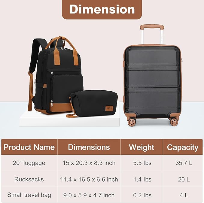 Kono Luggage Set 3 Piece Carry On Hardside Luggage with TSA Lock Spinner Wheels Lightweight PC+ABS Carry On Suitcase Apricot Black