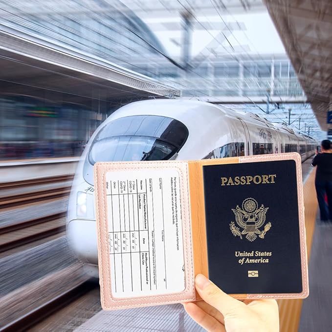 Passport Holder, Passport Holder Men, Passport Wallet Travel Must Haves, 1 Pack Passport and Vaccine Card Holder Combo, Travel Documents Organizer Protector for Travel Accessories, Rose Gold
