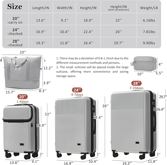 Merax Luggage Sets 5 Piece,Front Half-open Hardshell Expandable Suitcase with Spinner Wheels and Duffel Bags,Lightweight Carry on Luggage with USB Port,20/24/28IN,Silver