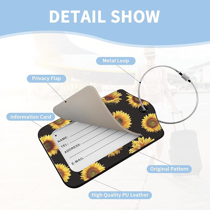 2 Pcs Luggage Tag for Suitcases, Cute Sunflower PU Leather Suitcase Tag Privacy Cover ID Label with Metal Loop, Personalized Baggage Identifier for Women Cruise Bag Travel Essentials Black