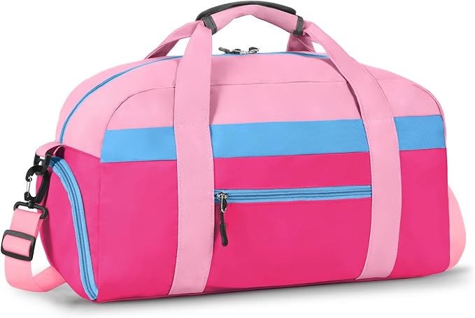 WOOMADA Kids Duffle Bag for Boys or Girls, Kids Overnight Bag with Shoe Compartment＆Wet Pocket, Ideal for School Practice, Sports, Travel(pink&hot pink)