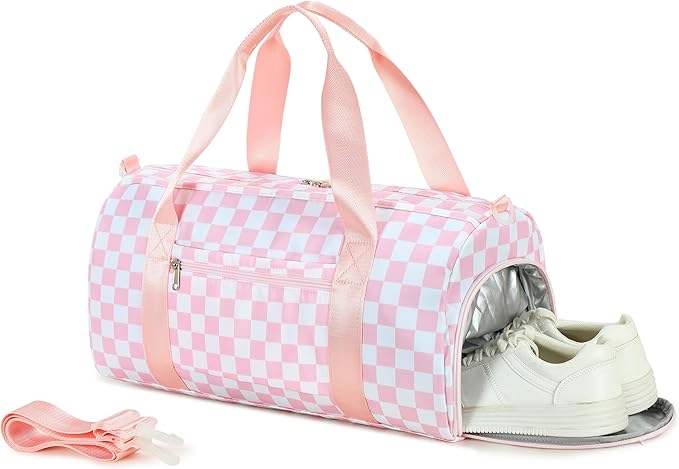 LEDAOU Duffle Bag Girls Kids Cute Dance Bag with Shoes Compartment Gym Bag with Wet Pocket Sports Overnight Travel Bag (Pink Checkered)