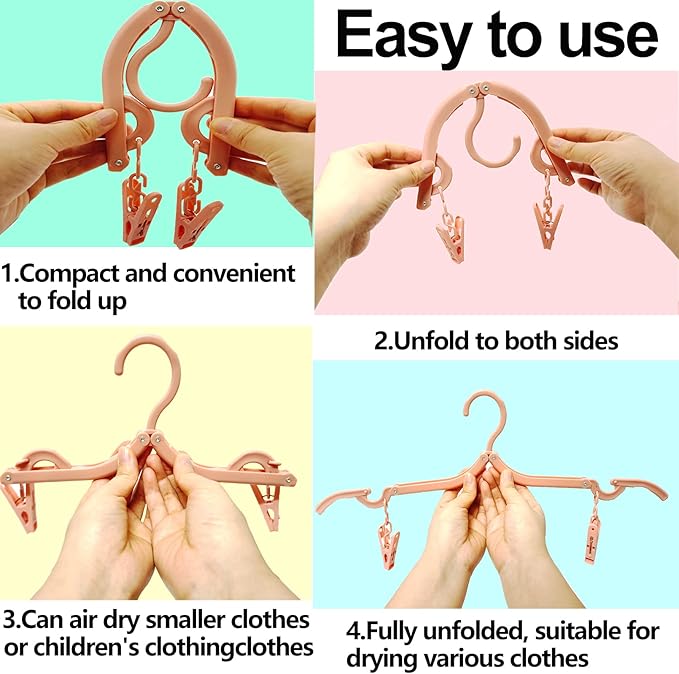 24 PCS Travel Hangers,Portable Folding Clothes Hangers with Clips,Foldable Clothes Drying Rack for Travel,Plastic Foldable Non Slip Clothing Hangers,4 Colors