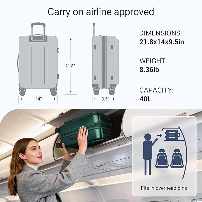 Carry On Luggage with Top Opening, Expandable with Front Pocket and USB Charging Port, Lightweight with Front Compartment Rolling Suitcases with Spinner Wheels (Dark Green, 20 Inch)