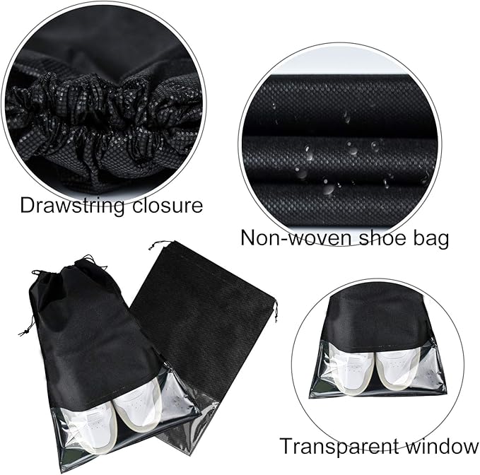 6 Pcs Travel Shoe Bags, ULIFEMALL Large Non-Woven Drawstring Shoes Storage Bag with Transparent Slot Clear Window Portable Waterproof Dustproof Shoes Pouch Packing Organizer for Men Women, Black