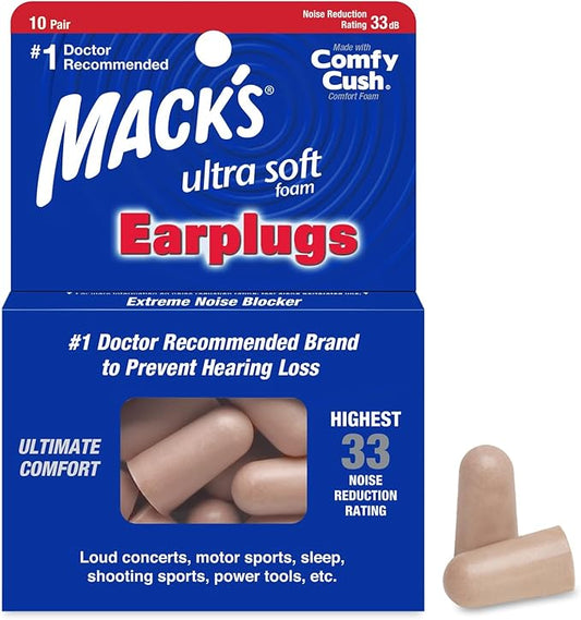 Mack's Ultra Soft Foam Earplugs, 10 Pair - 33dB Highest NRR, Comfortable Ear Plugs for Sleeping, Snoring, Work, Travel and Loud Events | Made in USA