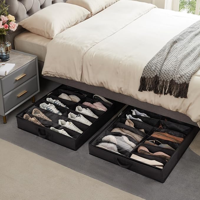 Lifewit Under Bed Shoe Storage Organizer 1 Pack(16 Pairs), 4.3" Tall Fabric Shoes Container Box, Foldable Closet Shoe Bag with 2 Reinforced Handles and Clear Cover, Black