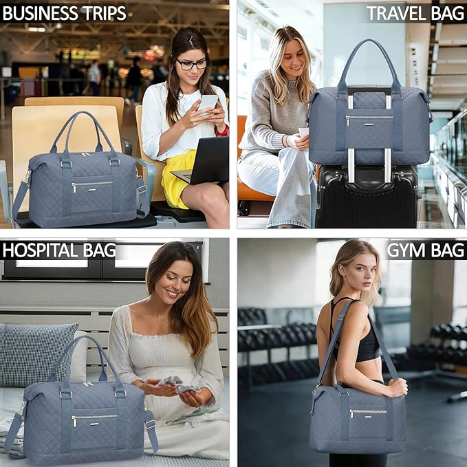 Quilted Travel Duffle Bag for Travel Women with Toiletry Bag, Large Weekender Bags for Women Carry on Duffel Overnight Bag, Waterproof Travel Tote Bags for Sports, Weekender, Business, Blue