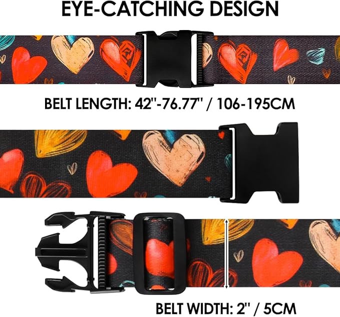 Gutsdoor Luggage Straps for Suitcases Adjustable Travel Belt, Connector Holds Suitcase Bright Colorful Identifiers Travel Bag Accessories (Heart Black)