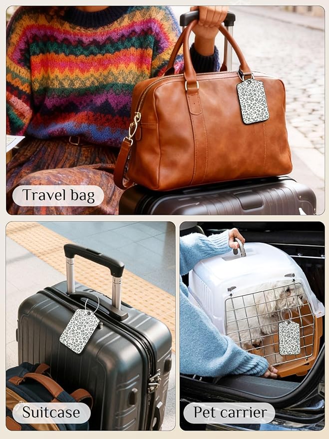 Seorsok 2 PCS Luggage Travel Tags for Suitcases,Cute White Leopard PU Leather Name Tag with Privacy Cover&ID Label Address Card and Durable Metal Ring Suitable for Men Women Handbags Backpack