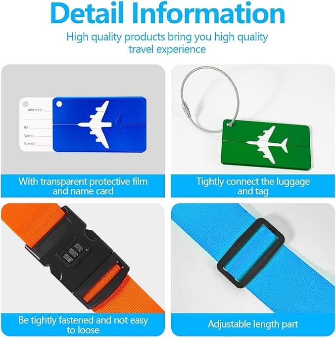4-piece Set of Lockable Luggage Straps - Two Luggage Straps and Two Luggage Tags to Protect Your Luggage from Bursting, Suitable for suitcases 20-32 in(Red Strap (excluding Password Lock))