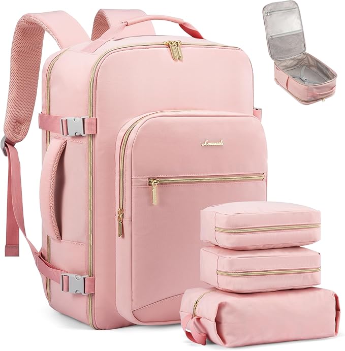 LOVEVOOK Travel Backpack for Women & Men 40L,Airline Approved Carry On Backpack Travel Essentials,TSA Carry on Luggage,Waterproof Personal Item Travel Bag,Suitcase with 3 Packing Cubes,Pink-Pink