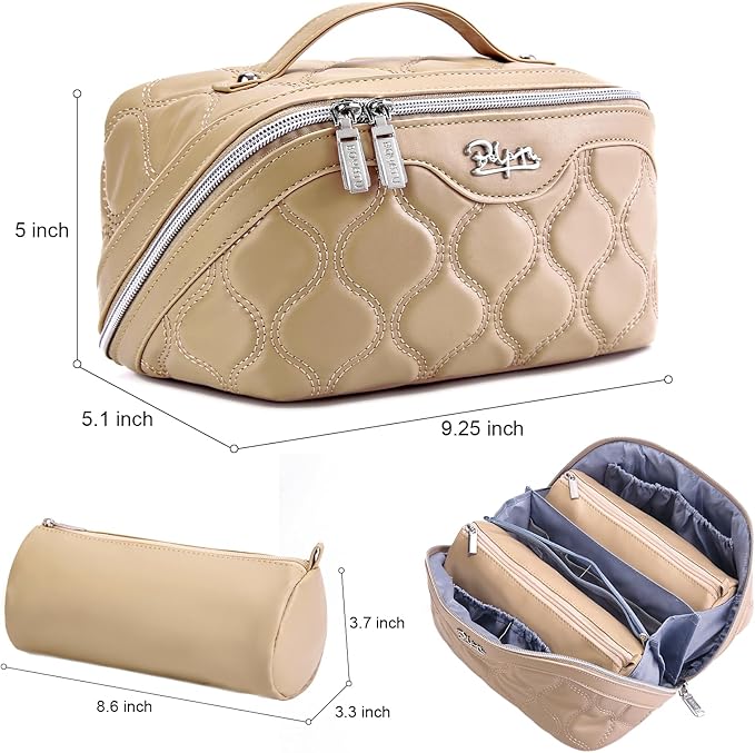 BOYATU Travel Makeup Bags for Women Cosmetic Bag: Puffy Make up Bags Set of 3 - Vegan Leather Makeup Organizer - Waterproof Large Toiletry Bag with Compartments - Travel Essentials (H-2-Khaki)
