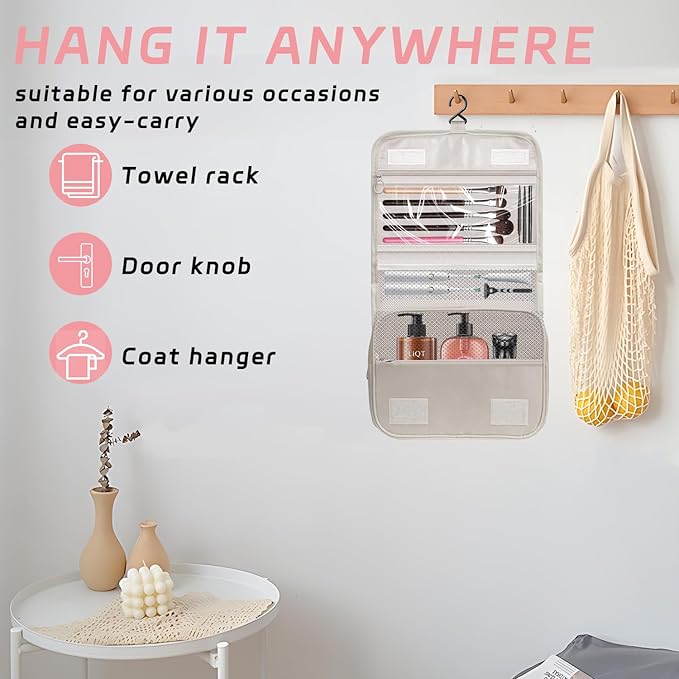Toiletry Bag Travel Bag with Hanging Hook, Waterproof Capacity Hanging Multifunctional Makeup Bag for Toiletries, Portable Cosmetic Bag Travel Organizer for Women and Men(Beige)