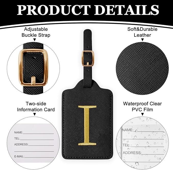 Personalized Initial Luggage Tags for Suitcases,Leather Letter Cute Luggage Tags with Privacy Name Card,Embroidered Monogrammed Travel Bag Backpack Tag Gifts for Women Kids Girls Teens(Black-I)