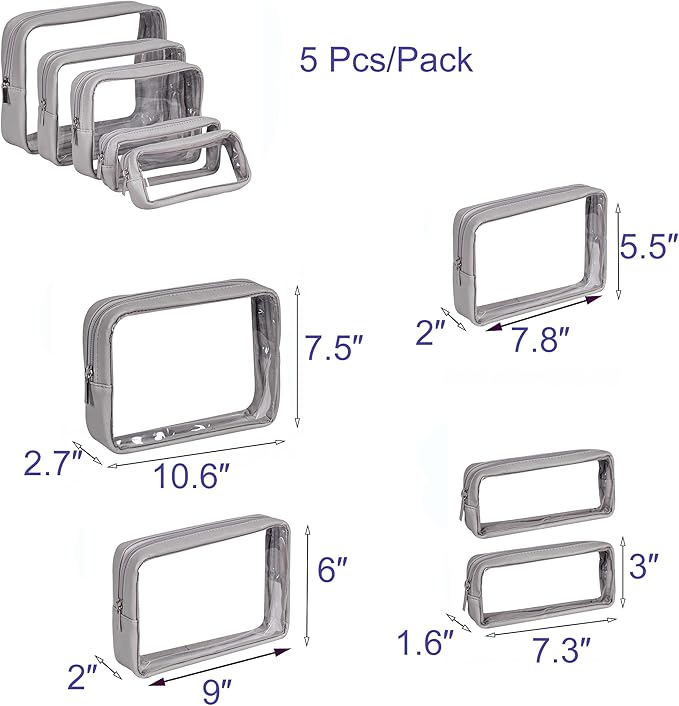 TSA Approved 5-Piece Diaper Bag Organizer Pouch Set Clear Waterproof TPU Kids Toiletry Storage Set Travel Packing Clutch Cube Bags for Baby Nursing (Light Gray)