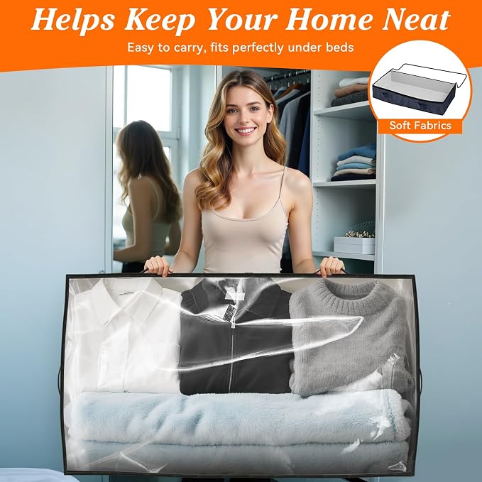 90L Under Bed Storage Containers, Storage Bags, Organizers, 6-Pack, Blue | Foldable, Soft Fabric, Closet Organizers, Reinforced Handle, Label Holder, Clear Window, for Comforters, Clothing, Blankets