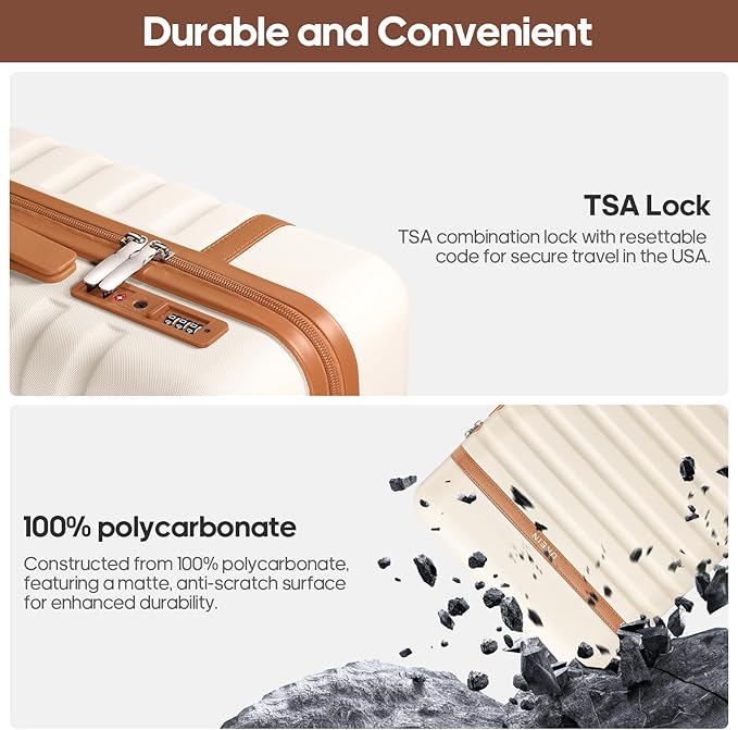 UKEIN Luggage Sets 3 Piece, Carry On Luggage 20In With Spinner Wheels,PC Hardside Suitcase Set with TSA Lock,Durable Carry On Suitcase With Travel Backpack for Men (Cream, 3 piece set (BP/20inch))