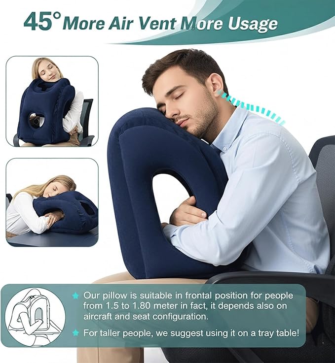 Inflatable Travel Pillows for Airplane, Blow Up Neck Pillow for Sleeping for Long Flight Support Neck,Head & Shoulder, Used for Travelling Car/Airplane/Office Nap-Comes with Eye Mask and Earplugs_Blue