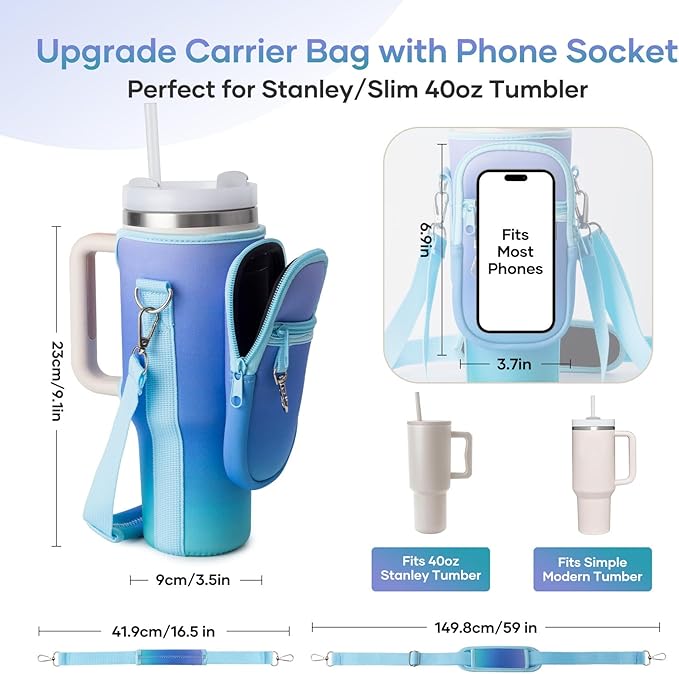 linmaya Water Bottle Carrier Bag for Stanley Cup 40/30oz with Phone Holder Pockets,Neoprene Water Bottle Cross-body Bag with Adjustable Shoulder & Hand Strap Stanley Cup Accessories