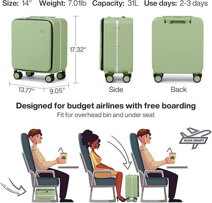 mixi 17x14x9 Carry On Luggage Underseat PC Hard Shell Suitcase Top Opening Aluminum Frame Travel Suitcases with Wheels, Avocado Green