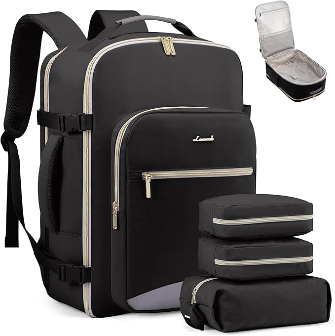 LOVEVOOK Travel Backpack for Women & Men 50L,Airline Approved Carry On Backpack Travel Essentials,TSA Carry on Luggage,Waterproof Personal Item Travel Bag,Suitcase with 3 Packing Cubes,Black-Grey