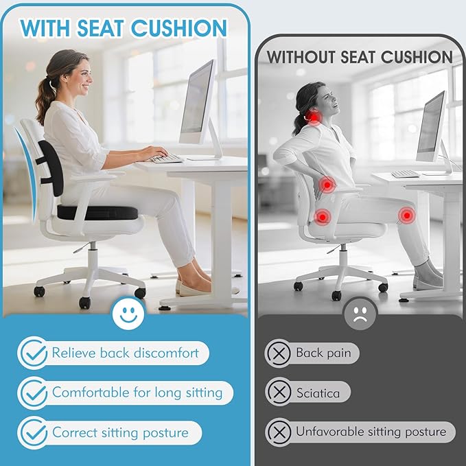 Ergonomic Seat Cushion & Lumbar Support Pillow - Memory Foam for Sciatica Pain Relief & Posture Correction, Non-Slip Chair Cushions for Office Chair/Car/Wheelchair/Travel (Black)