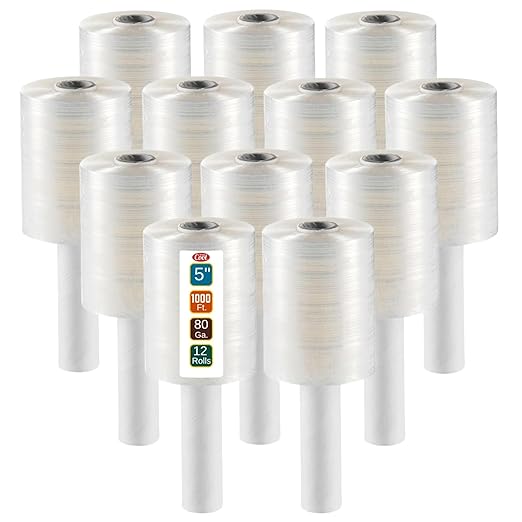 12 Pack Industrial Strength Mini Hand Stretch Wrap 5" 1000 Ft Roll 80 Gauge Thick, Shrink Wrap Roll for Moving Supplies, Furniture, Pallets, Plastic Wrap for Packing, Heavy Duty Stretch Film