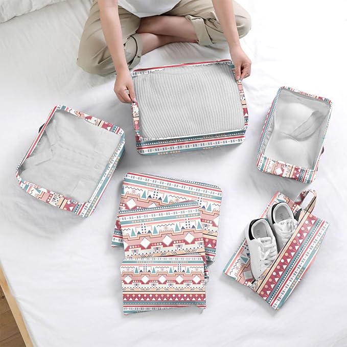 7 Set Packing Cubes Travel Luggage Organizers for Suitcase Travel Accessories with Shoe Bag for Girls Women Aesthetic Cute Boho Bohemian-Pink Blue