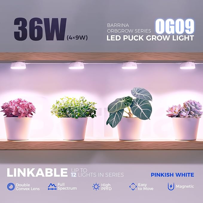 Barrina Orbgrow OG09 Puck Grow Light, 36W(4 x 9W), Pinkish White, 4 Packs | Full Spectrum Plant Light for Indoor Plants, Magnetic & Linkable, Small Grow lamp, Perfect for Plant Shelf