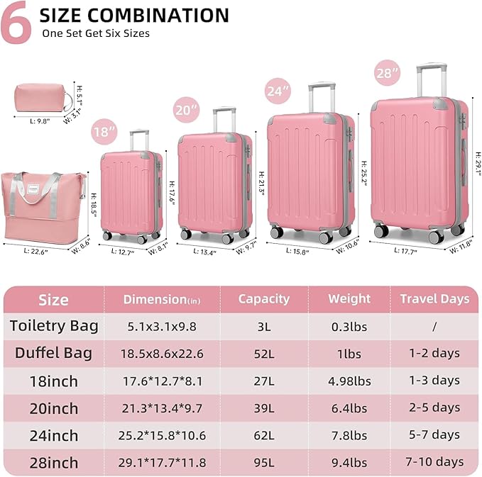 6 Piece Luggage Set Hard Shell - Pink Expandable Suitcases with Spinner Wheels and Duffel Bags for Family Travel, Durable Carry On Luggage Sets with Lock for Women and Men