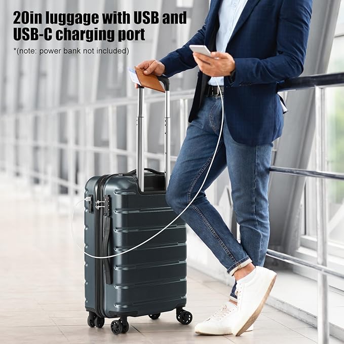 Coolife Luggage 3 Piece Set Suitcase Spinner ABS+PC Hardshell Lightweight TSA Lock USB Port, 20in 24in 28in Carry on Expandable (only 28’’), Navy Blue