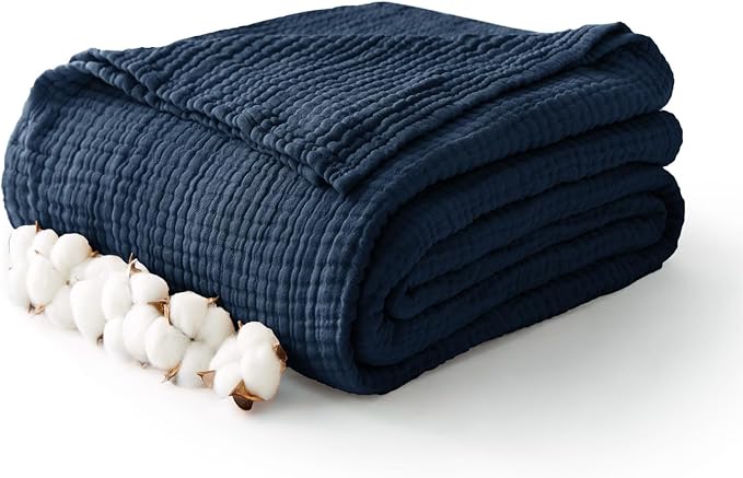 100% Cotton Muslin Blanket Twin 60" x 80", Breathable and Lightweight Cotton Twin Blankets for Couch, Soft Cooling Summer Gauze Blanket for Adults All Season, Navy Blue