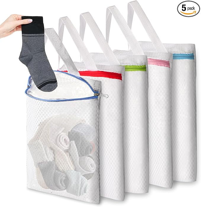 5 PACK Hanging Mesh Laundry Bags with S Metal Hooks,10x12 Inch Hanging Socks Laundry Bags, Washing Machine, for Ball Storage, Travel, Toys, Sports Factories, Dorms