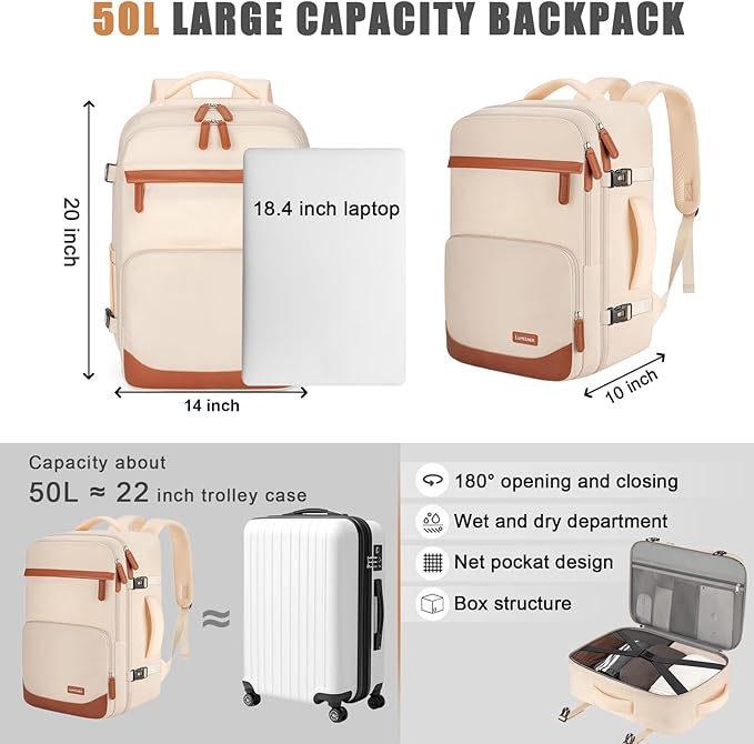 50L Travel Backpack, Water-Resistant Carry On Backpack for Men Women, Business Laptop Backpack for Trips & Commutes, Fits 18 Inch Laptop