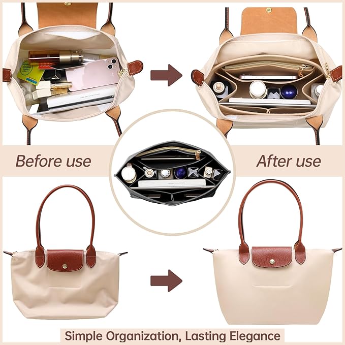 OPPOSHE Purse Organizer Insert for Longchamp Le Pliage, Premium Felt Long Champ Bag Handbag Women, Tote Organizer Insert with 9 Compartments (Medium, Grey)
