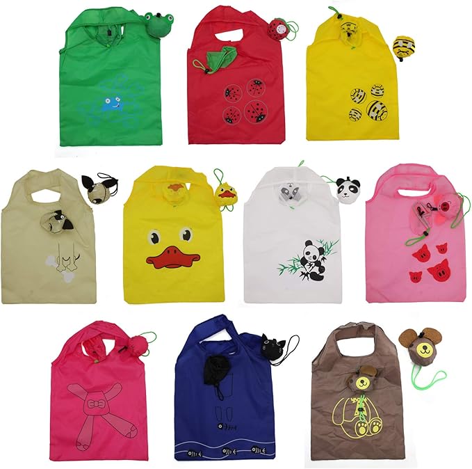 10PCS Folding Shopping Bags Reusable Shopping Tote Bags Compact Eco Periodic Duty Recycling Use Shopping Bags (Animals)