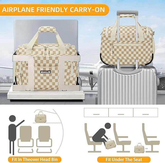 Underseat Carry On Luggage Lightweight Travel Tote Weekender Bag Overnight Duffle Bag for Travel, Travel Essentials Personal Item Travel Bag for Women, Corduroy Khaki Grid-16Inch
