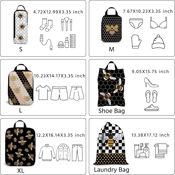 6 Pcs Compression Packing Cubes Waterproof Suitcase Travel Bag Luggage Backpack Organizer Travel Cubes for Packing-Black and Gold Bees