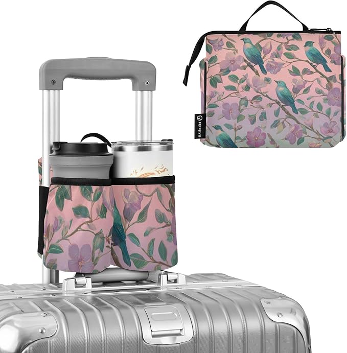Luggage Cup Holder for Suitcases Free Hands Travel Cup Holder Portable Suitcase Cup Drink Holder Luggage Cup Caddy Bag Carrier Vintage Birds and Pink Flowers