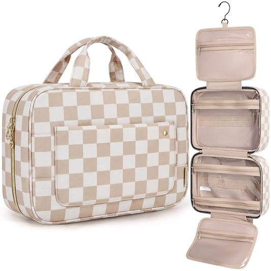 BAGSMART Toiletry Bag Travel Bag with Hanging Hook, Water-resistant Makeup Cosmetic Bag Travel Organizer for Accessories, Shampoo, Full-size Container, Toiletries (Khaki Checkerboard, Large)
