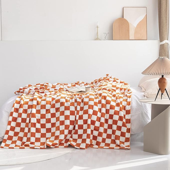 LOMAO Throw Blankets Flannel Blanket with Checkerboard Grid Pattern Soft Throw Blanket for Couch, Bed, Sofa Luxurious Warm and Cozy for All Seasons (Orange, 40"x60")