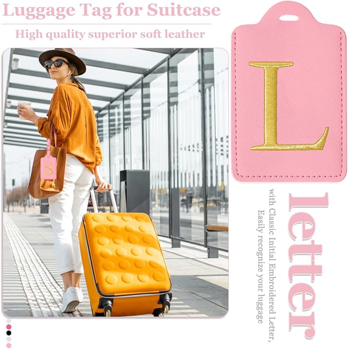 Personalized Initial Luggage Tags for Suitcases,Leather Letter Cute Luggage Tags with Privacy Name Card,Embroidered Monogrammed Travel Bag Backpack Tag Gifts for Women Kids Girls Teens(Pink-L)
